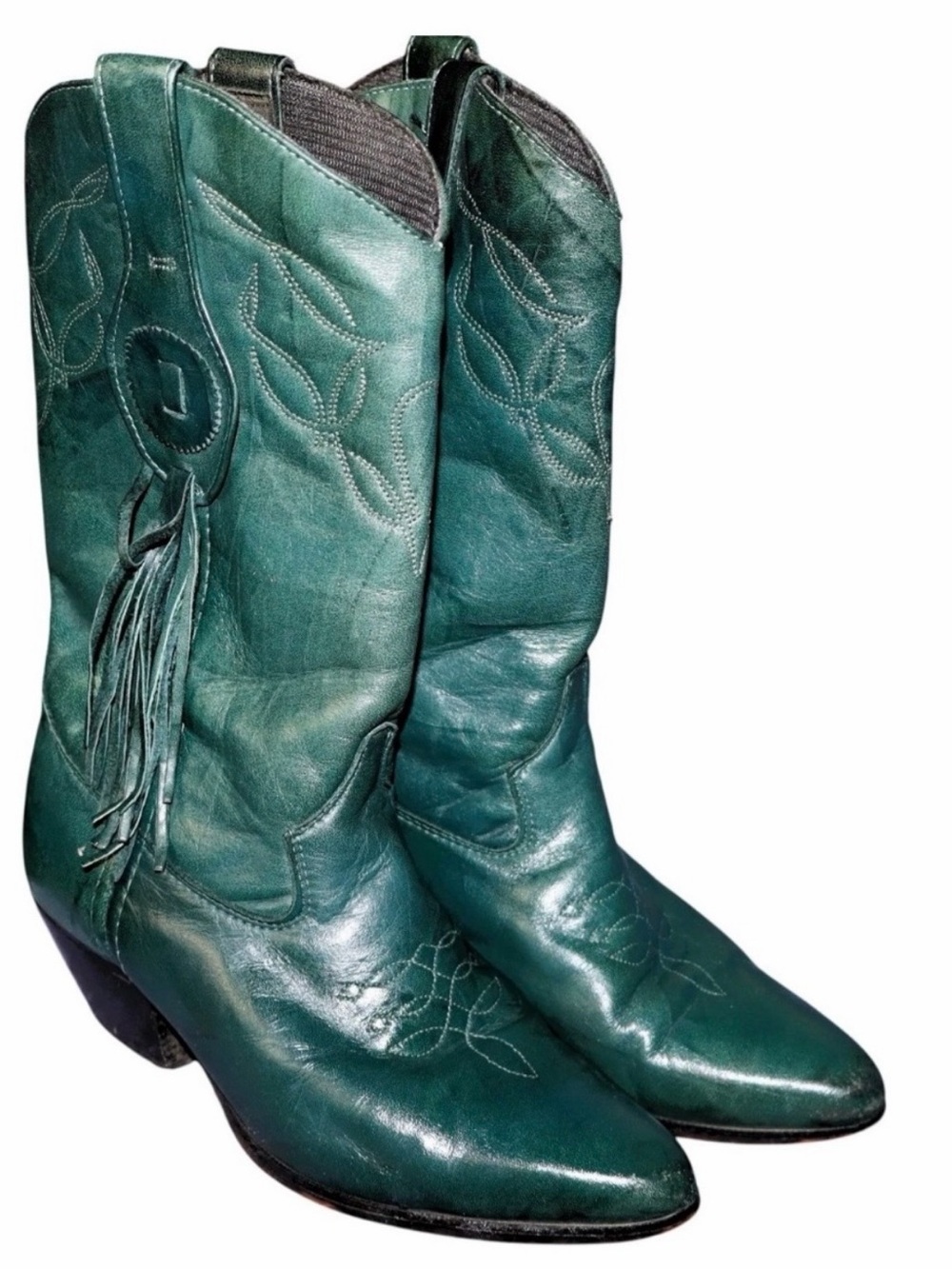 Vintage Laredo Western Cowboy Boots Women's Size 9 Leather Fringe Emerald Green